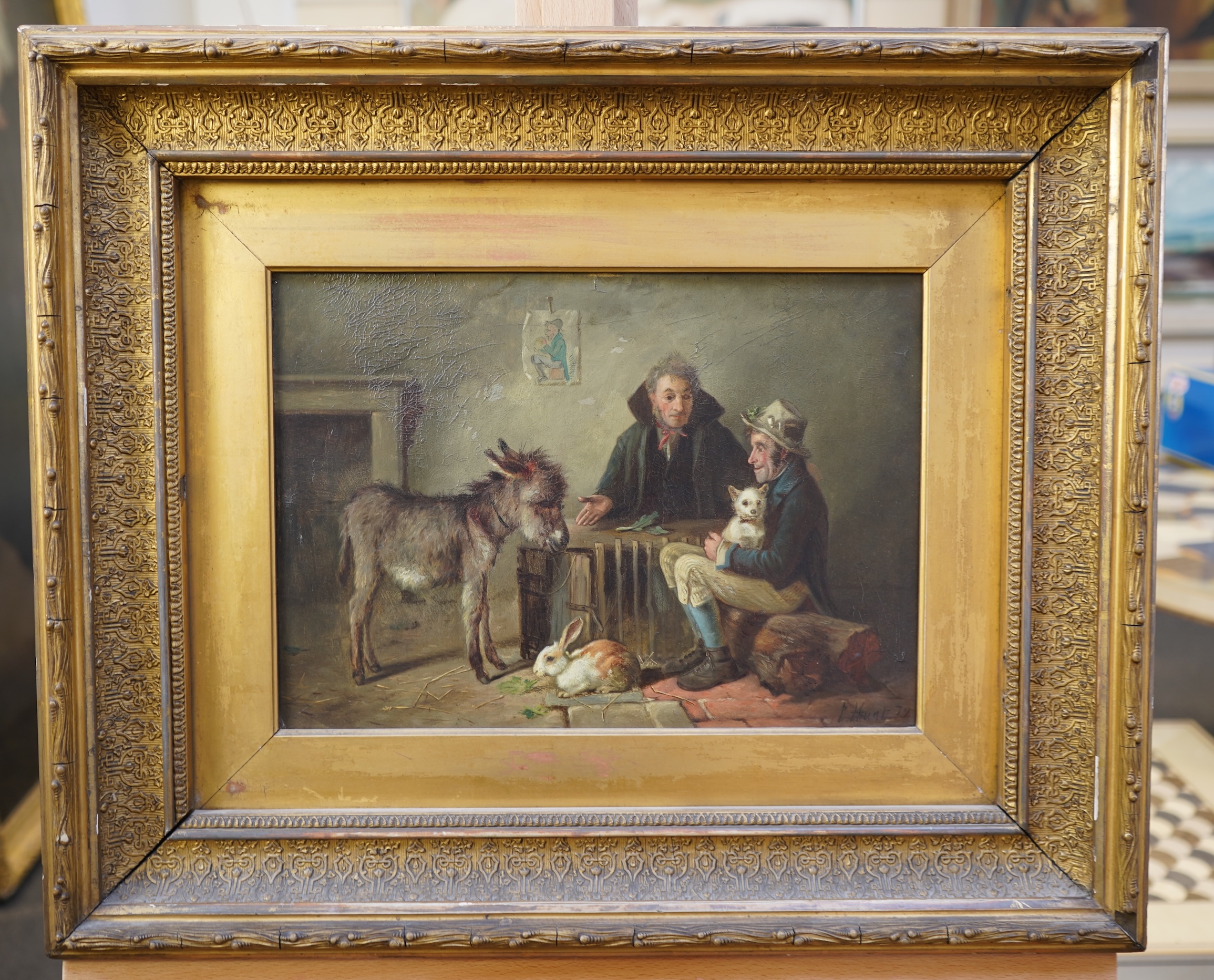Charles Hunt II, (1829-1900), Interior scene with two men, a dog, a rabbit and a donkey